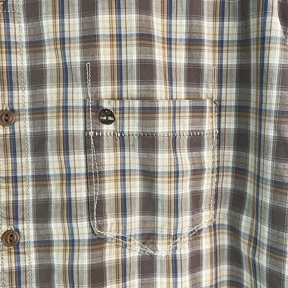 TIMBERLAND Mens Aged Washed Plaid Shirt Tan Brown Organic Cotton Long Sleeve XL - Picture 5 of 13